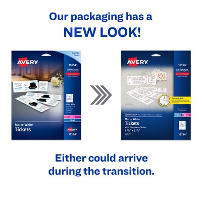 Avery Tickets with Tear-Away Stubs, Matte White, 1.75 x 5.5, Laser/Inkjet, 200/Pack (16154)