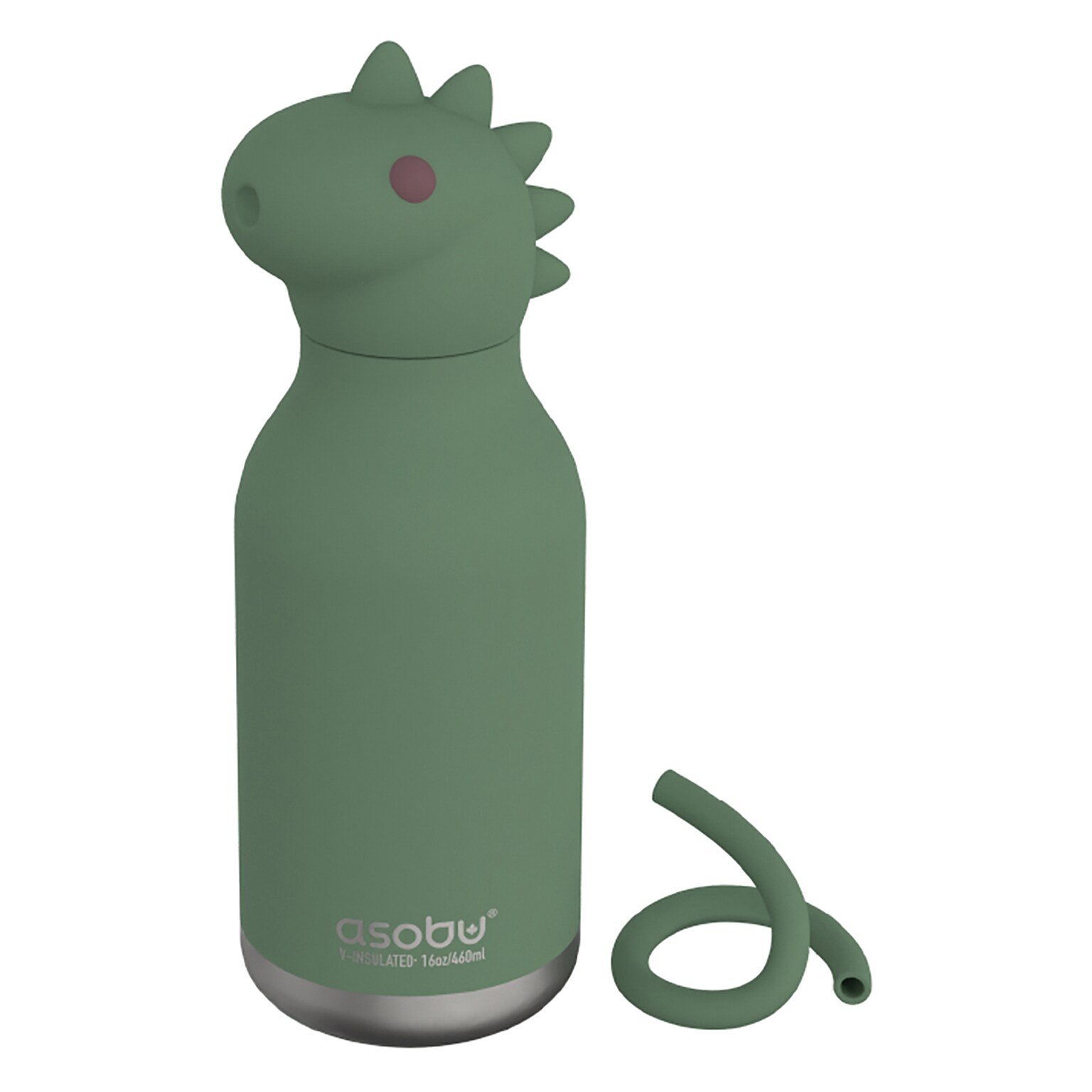 ASOBU Bestie Bottle Dinosaur Vacuum Insulated Stainless Steel Water Bottle with Reusable Flexi Straw, 16 oz., Green (SBV44DI)
