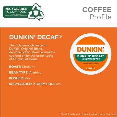 Dunkin' Decaf Coffee Keurig® K-Cup® Pods, Medium Roast, 88/Carton (400846)