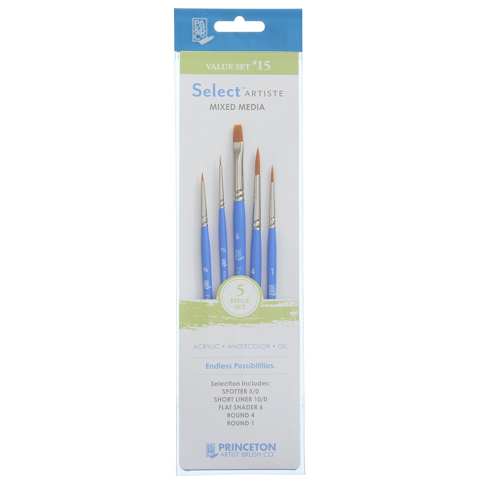 Princeton Select Artiste Short Handle Mixed Media Synthetic No. 15 Assorted Brush Set 5/Pack (PBXP3750SET115)