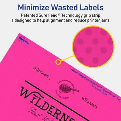 Avery Laser/Inkjet Rectangle Multipurpose Labels, 5" x 6", Neon Magenta, 80/Pack (94257)