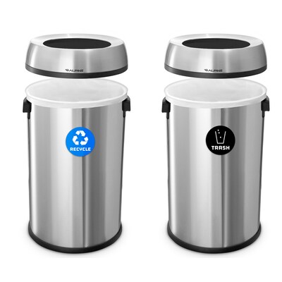 Alpine Industries Stainless Steel Recycling Bin and Trash Can with Open Lid, 34 Gallon, Silver, 2/Pack (ALP470-65L-R-T)