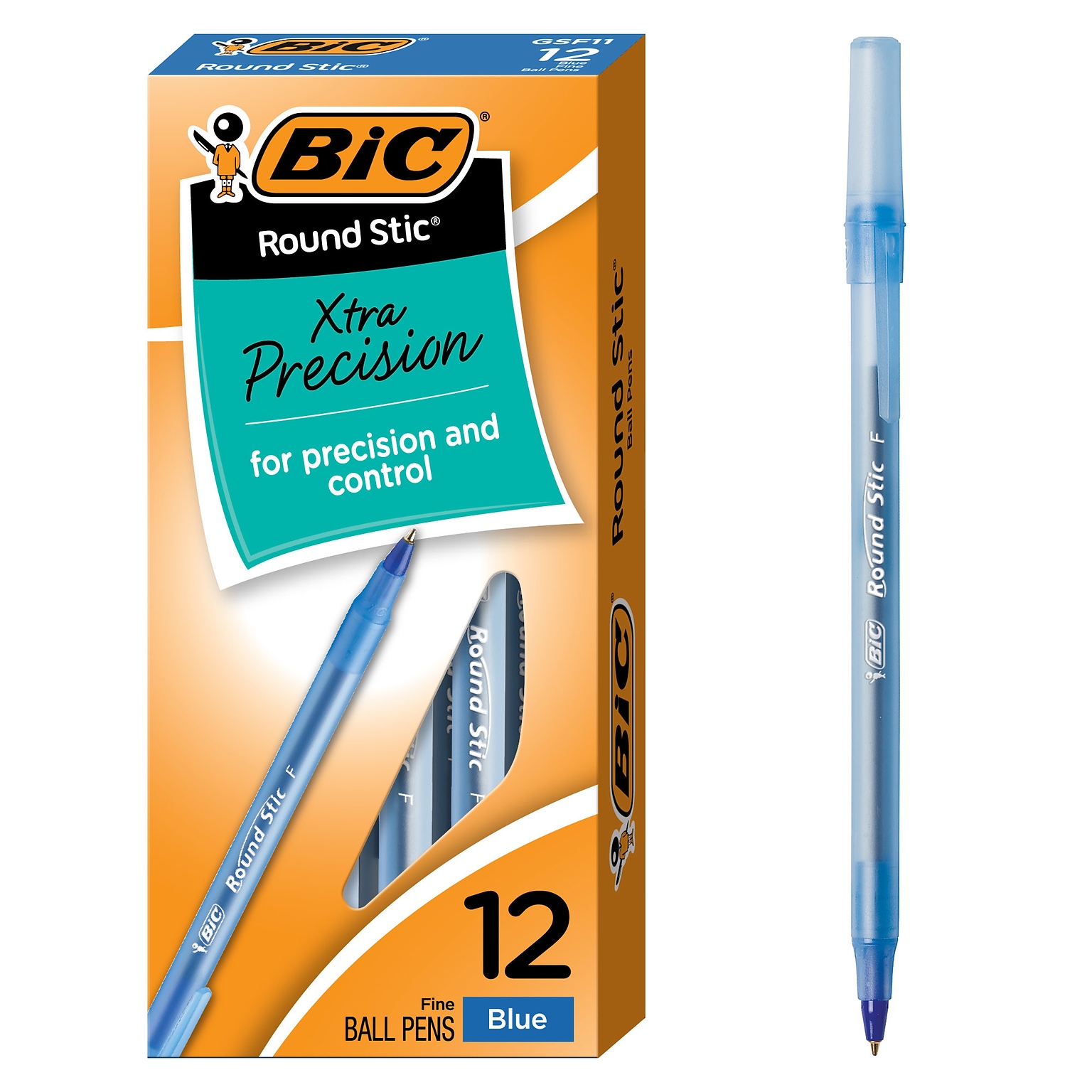 BIC Round Stic Xtra Precision Ballpoint Pens, Fine Point, 0.8mm, Blue Ink, Dozen (20130/GSF11BL)