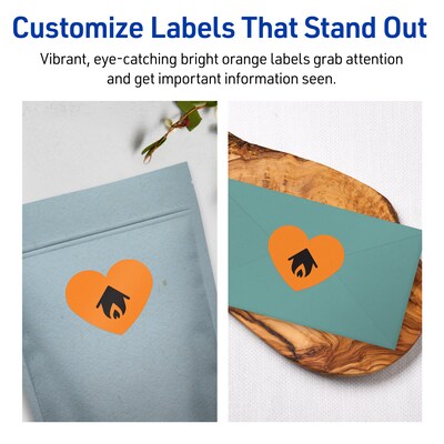 Avery Heart Shaped Multipurpose Labels, 2-9/32" x 1-27/32", Bright Orange, 120/Pack (94603)