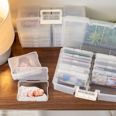 Iris Hinged Storage Bin with Photo Cases, Plastic, Clear, 2/Pack (500050)