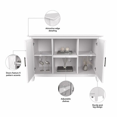 Bush Furniture Key West 66" Entryway Storage Set with Hall Tree, Shoe Bench, and 2-Door Cabinet, Pure White Oak (KWS054WT)