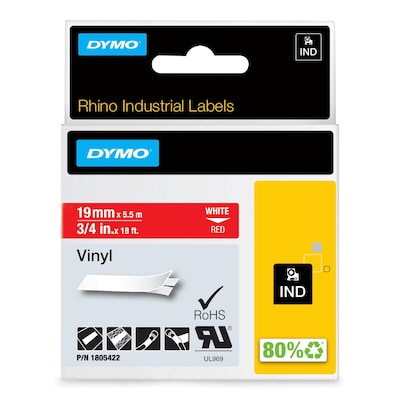DYMO Rhino Industrial 1805422 Vinyl Label Maker Tape, 3/4 x 18, White on Red (1805422)