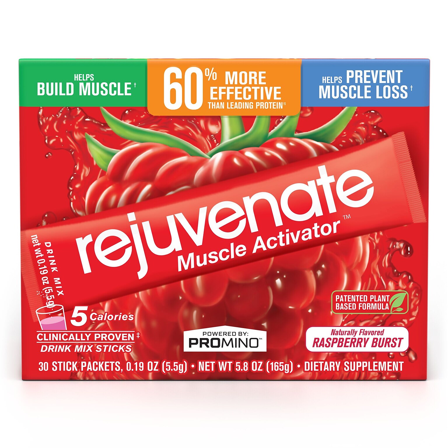 Rejuvenate Muscle Activator Drink Mix Sticks, Single Serving Protein Powder Packets to Go - Raspberry Burst, 30 Count