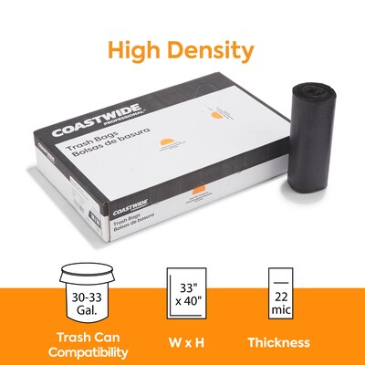 Coastwide Professional™ 30-33 Gallon Trash Bag, 33 x 40, High Density, 22 mic, Black, 200 Bags/Box