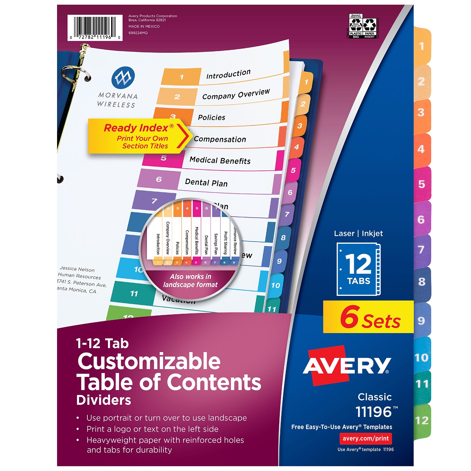 Avery Ready Index Numeric Paper Dividers, 12-Tab, Multicolor, 6/Pack (11196)