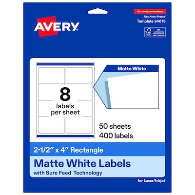 Avery Rectangle Laser/Inkjet Multipurpose Labels, White, 8 Labels/Sheet, 50 Sheets/Pack (19479311276)