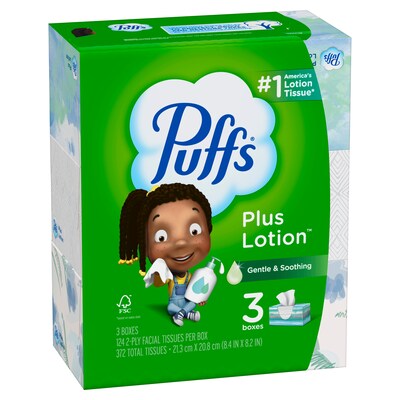 Puffs Plus Lotion Facial Tissue, 2-ply, 124 Tissues/Box, 3 Boxes/Pack (39363)