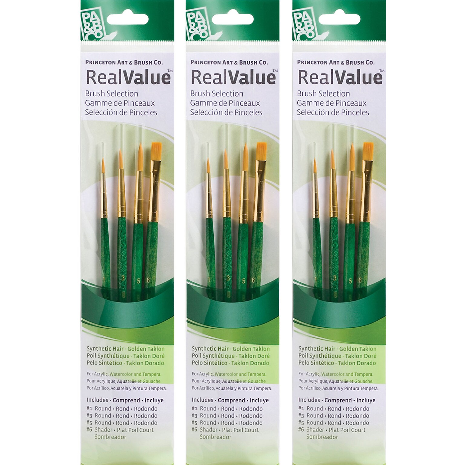 Princeton RealValue Short Handle Mixed Media Synthetic Taklon Variety Brush Set, 4/Set, 3 Sets/Bundle (PBXPR9115-3)