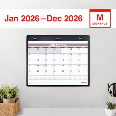 2026 Staples 11 x 8 Monthly Wall Calendar, White/Red/Gray (ST12949-26)