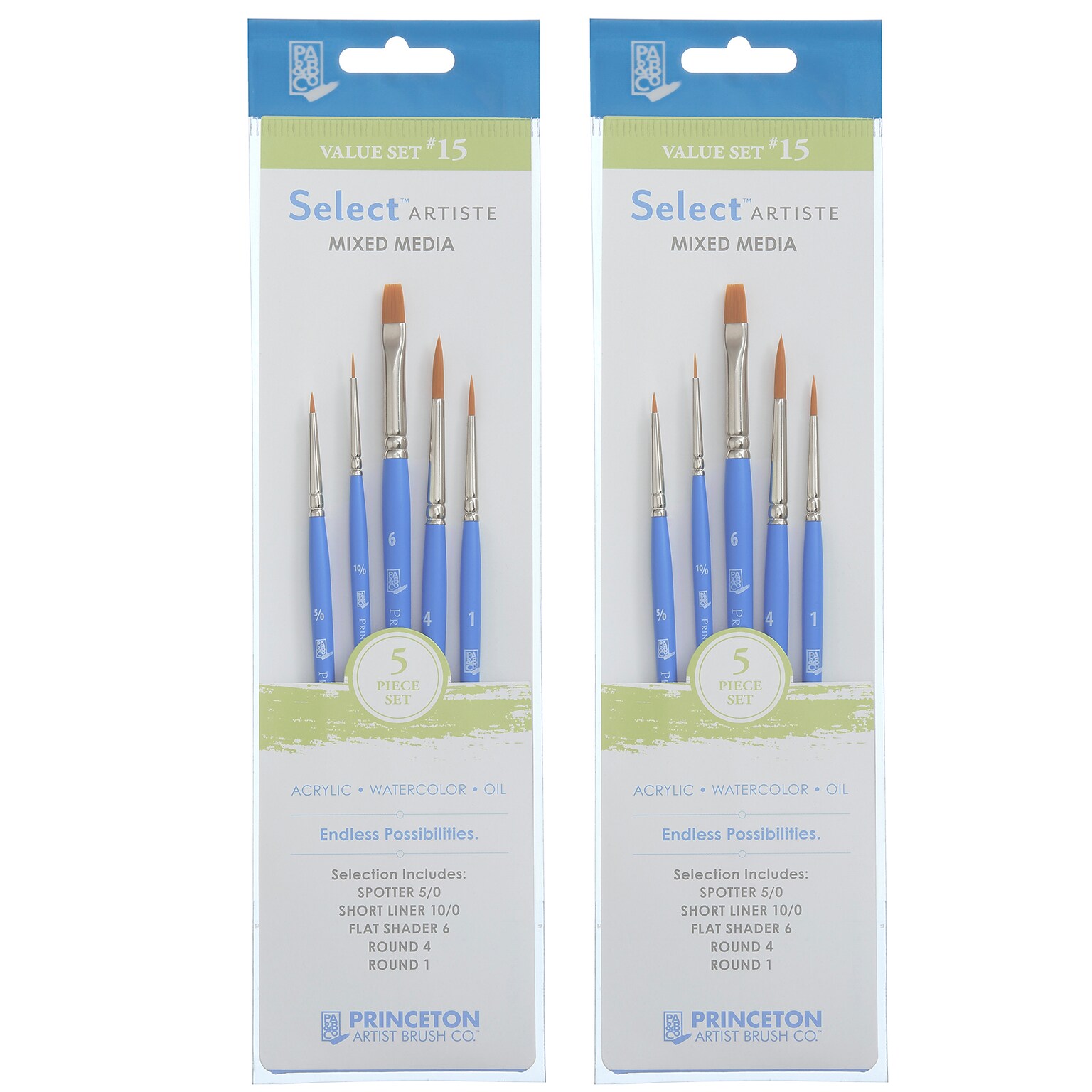 Princeton Select Artiste Mixed Media Synthetic Brush Set No. 15, 5/Set, 2 Sets/Bundle (PBXP3750SET115-2)