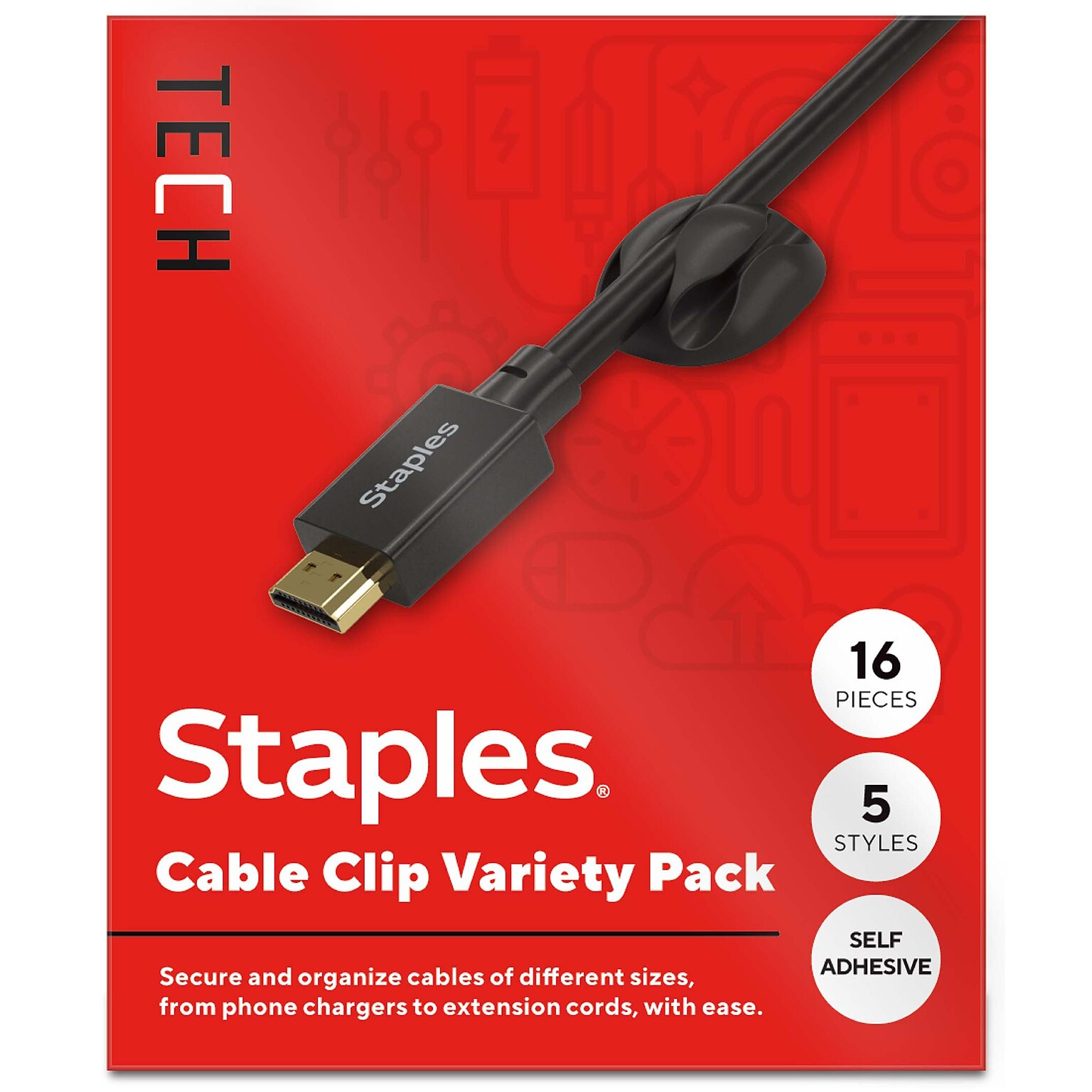Staples TECH Cable Clips, Black, 16/Pack (ST62393)