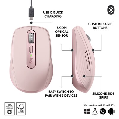 Logitech MX Anywhere 3S Wireless Optical Mouse, Rose (910-006927)