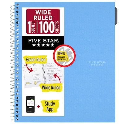 Five Star Math Notebook with Study App 1-Subject Notebooks, Wide Ruled, Blue (620025A-ECM)