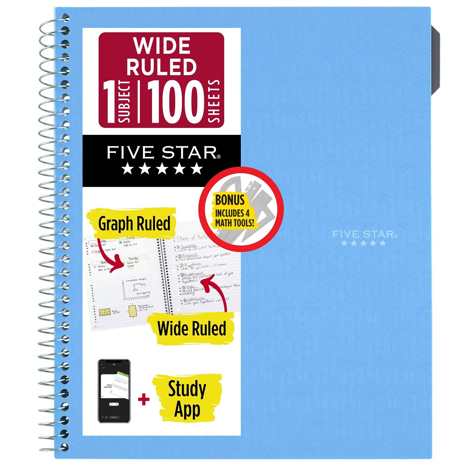 Five Star Math Notebook with Study App 1-Subject Notebooks, Wide Ruled, Blue (620025A-ECM)
