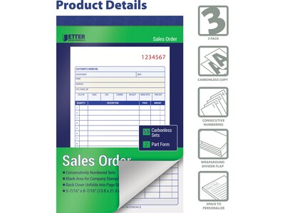 Better Office 2-Part Carbonless Sales Order Book, 5.44" x 8.44", 50 Sets/Book, 3 Books/Pack (66103-3PK)