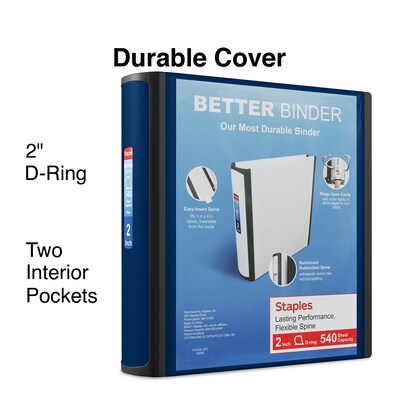 Staples® Better 2" 3 Ring View Binder with D-Rings, Navy Blue (24067)