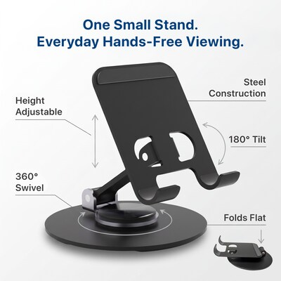 Uncaged Ergonomics Swivel Cell Phone Stand with 360° Rotation and Adjustable Tilt, Foldable Metal Design, Black (SPS-Black)