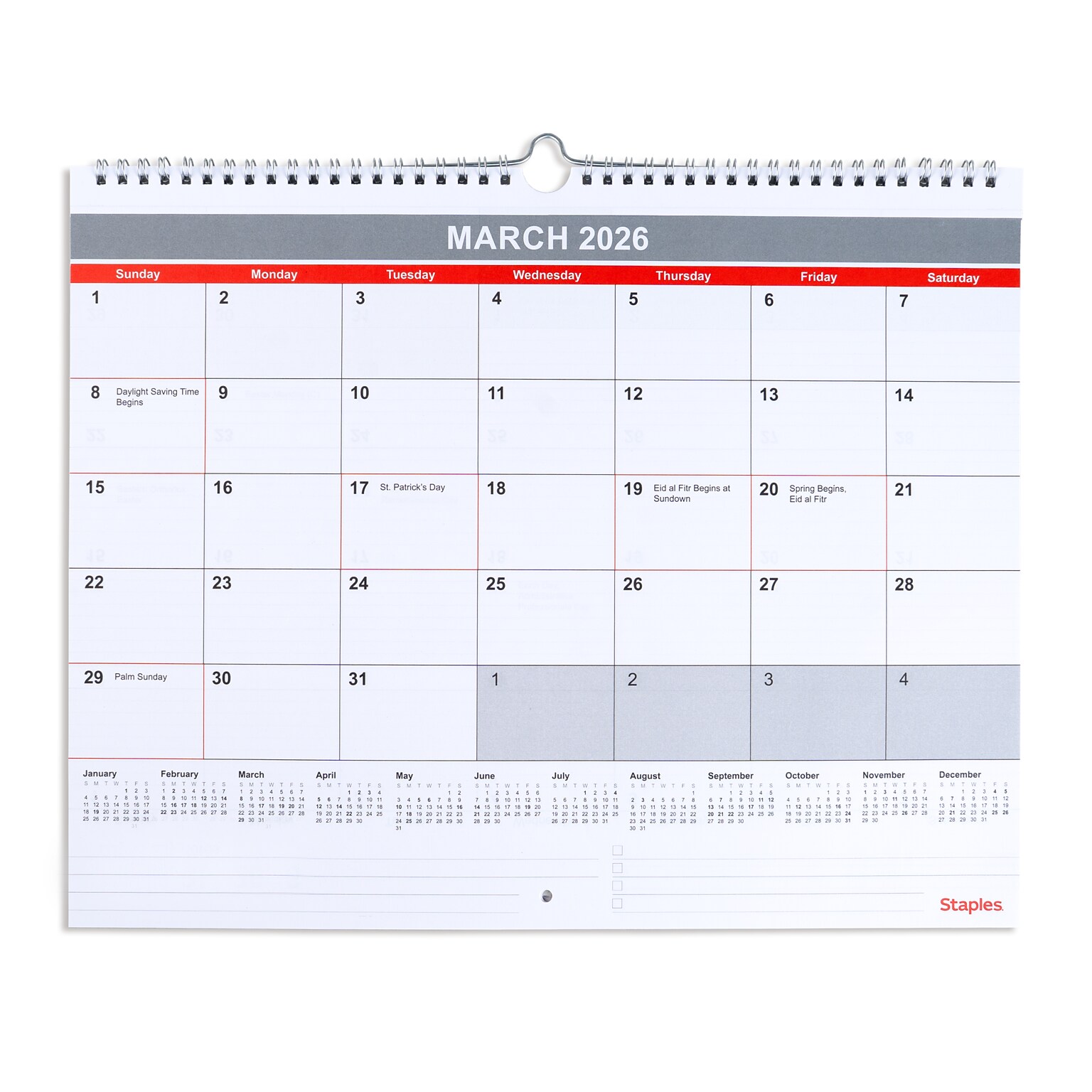 2026 Staples 15 x 12 Monthly Wall Calendar, White/Red/Gray (ST52080-26)