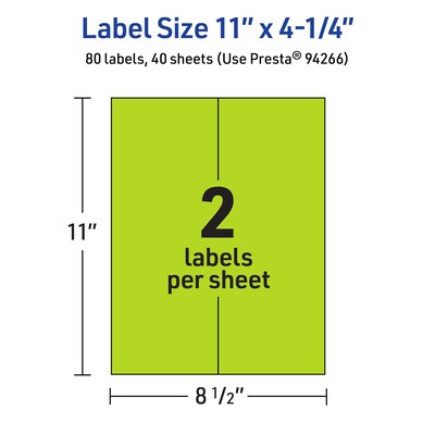 Avery Laser/Inkjet Multipurpose Rectangle Labels, 11" x 4.25", Bright Green, 80/Pack (94266)