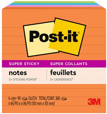 Post-it Super Sticky Notes, 4 x 4, Energy Boost Collection, Lined, 90 Sheet/Pad, 4 Pads/Pack (675-