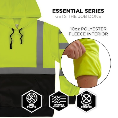 GloWear 8311BK High Visibility Long Sleeve Black Bottom Hooded Sweatshirt, ANSI Type R Class 3, Lime, Medium (22873)