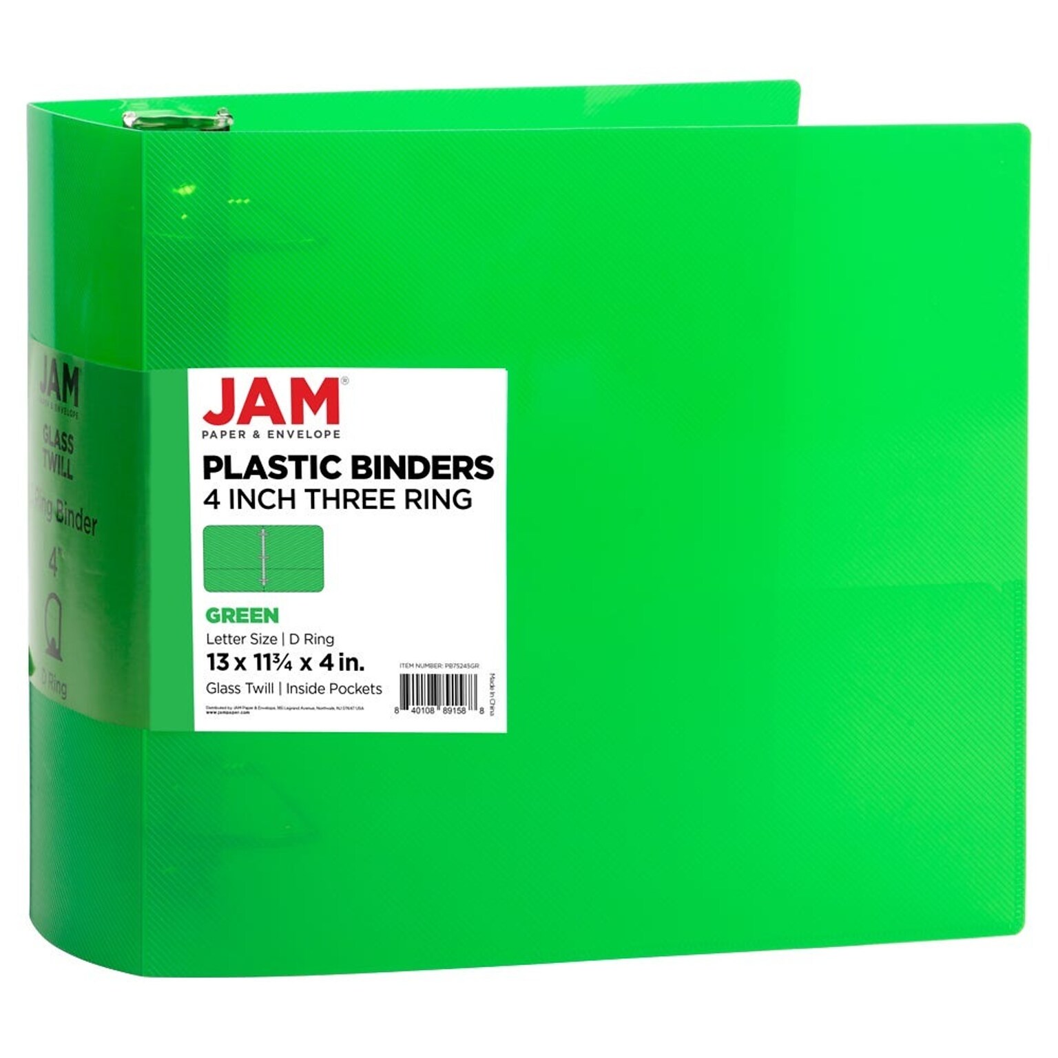 JAM Paper 4 3-Ring Flexible Poly Binder, Green (PB75245GR)