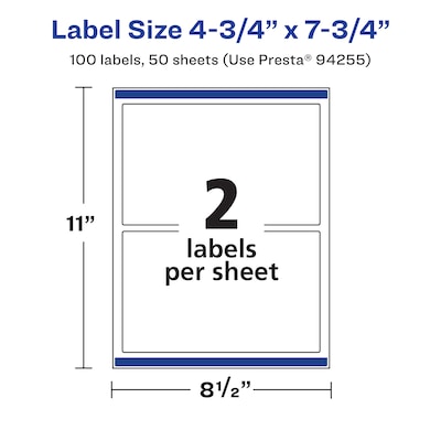 Avery Laser/Inkjet Rectangle Waterproof Multipurpose Labels, 7.75"  x 4.75", White, 100/Box (94255)