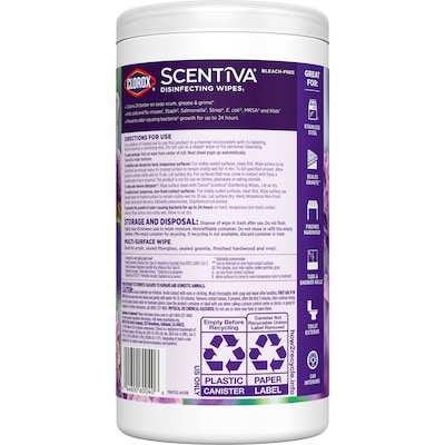 Clorox Scentiva Disinfecting Wipes, Lavender and Jasmine Scent, 75 Wipes/Container, 6/Carton (60040CT)