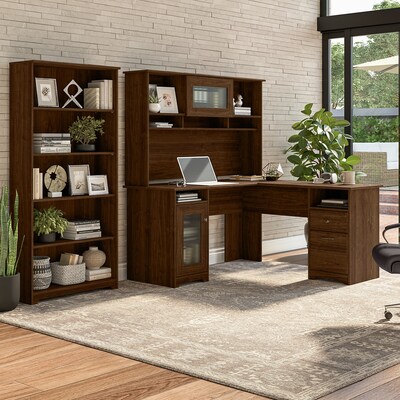 Bush Furniture Cabot 60W L Shaped Computer Desk with Hutch and 5 Shelf Bookcase, Modern Walnut (CAB