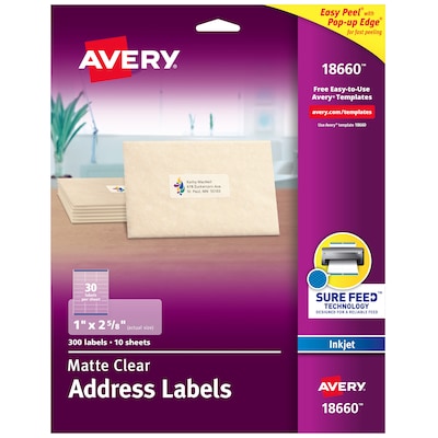 Avery Easy Peel Inkjet Address Labels, 1 x 2-5/8, Clear, 300 Labels/Pack (18660)