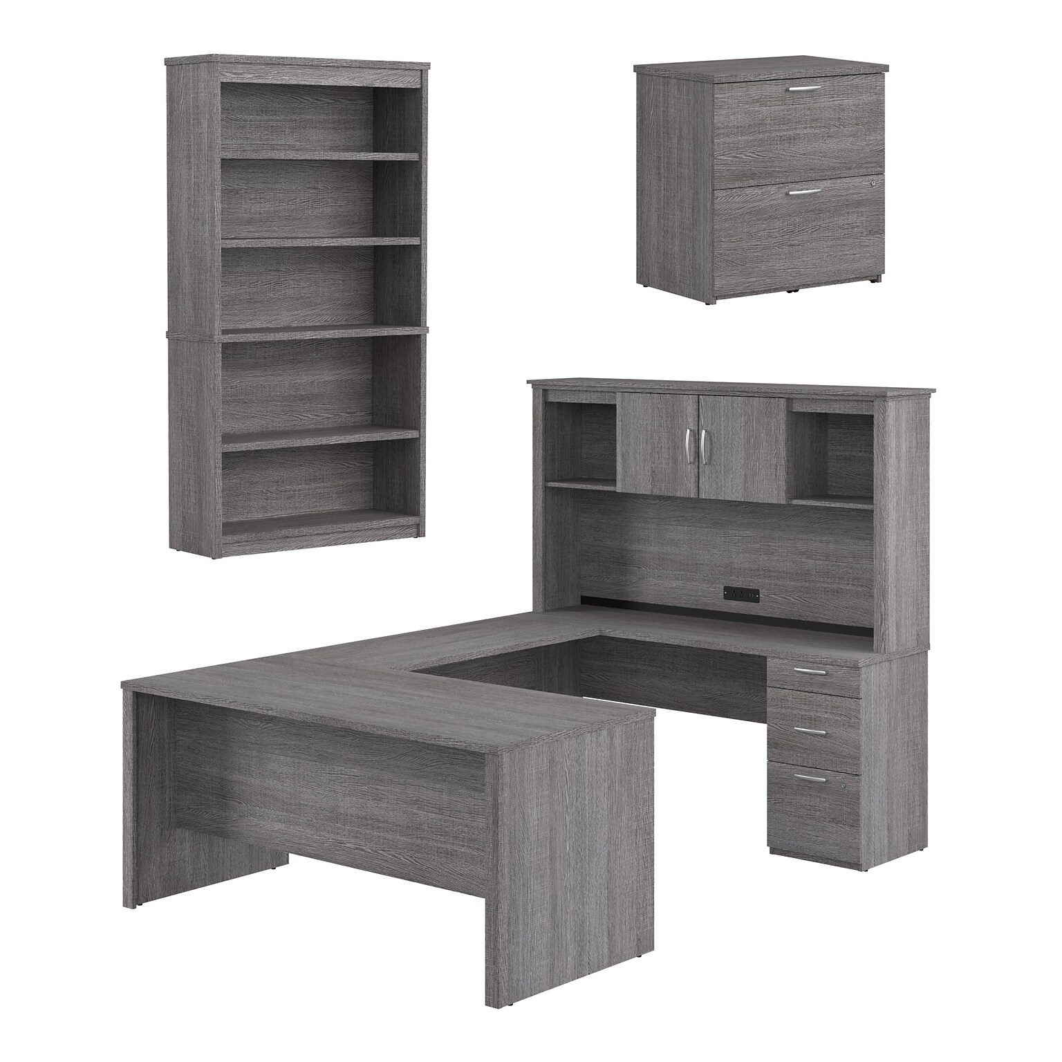 Bestar Logan 66W U or L Shaped Desk with Hutch, File Cabinet, and Bookcase, Bark Grey (46851-47)