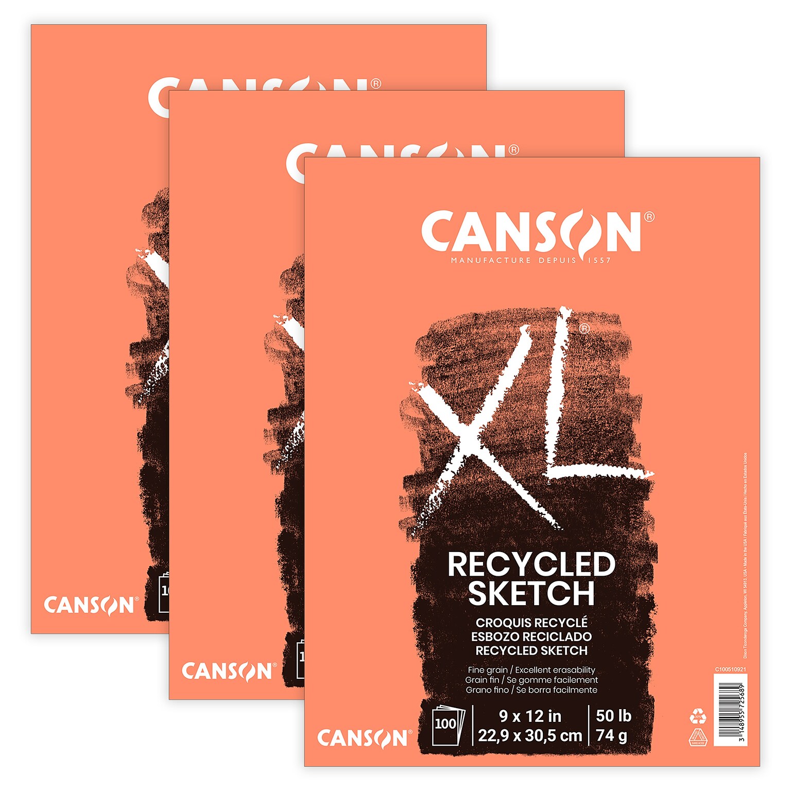 Canson XL Series 9 x 12 Sketch Pad, 100 Sheets/Pad, 3/Bundle (MCXC100510921-3)