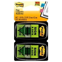 Post-it Sign and Date Message Flags, 1 Wide, Green, 100 Flags/Pack (680-SD2)