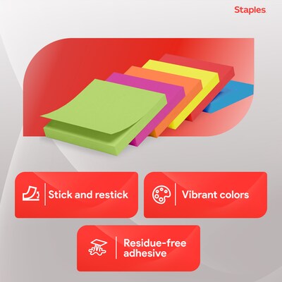 Staples Ultra Sticky Notes, 3" x 3", Summer Breeze Collection, 100 Sheets/Pad, 24 Pads/Pack (ST62882)