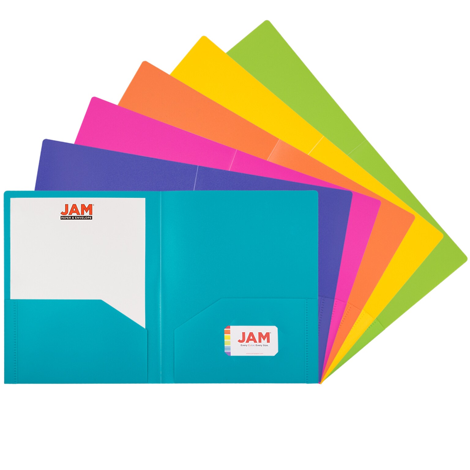 JAM Paper Heavy Duty 2-Pocket Plastic Presentation Folders, Assorted Fashion Colors, 6/Pack (383HFASSRT)