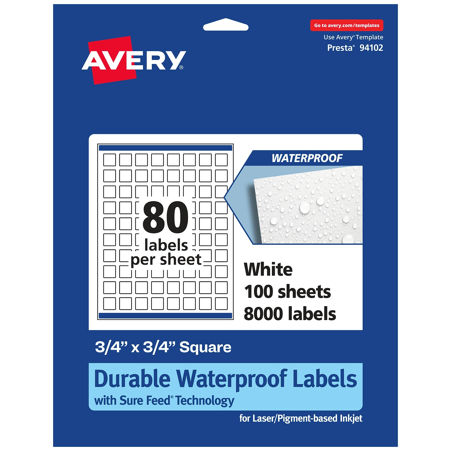 Avery Laser/Inkjet Square Waterproof Multipurpose Labels, 0.75  x 0.75, White, 8000/Box (94102)