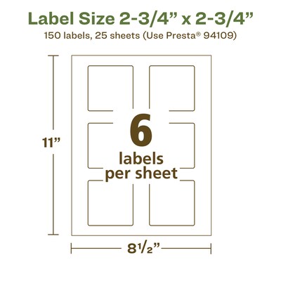 Avery EcoFriendly Laser/Inkjet Square Multipurpose Labels, 2-3/4" x 2-3/4", White, 150/Pack (94109)