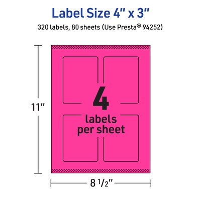 Avery Laser/Inkjet Rectangle Multipurpose Labels, 4" x 3", Neon Magenta, 320/Box (94252)