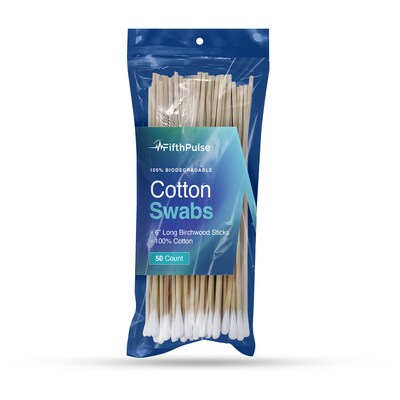 FifthPulse 100% Natural Eco-friendly 6" Cotton Swabs Sticks Made With Birch Wood - Non Sterile Cotton Tip, 50 Pack (FMN100681)