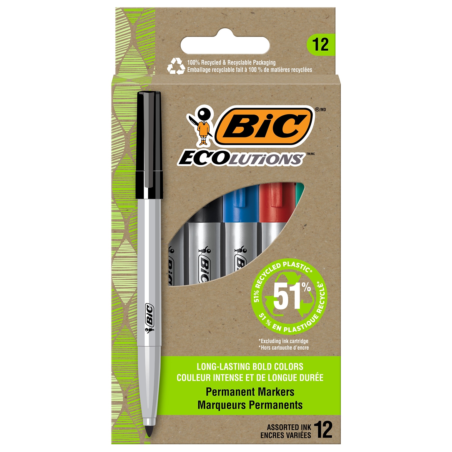 BIC Ecolutions Permanent Markers, Fine Tip, Assorted Colors, 12/Pack (PMER12-AST)