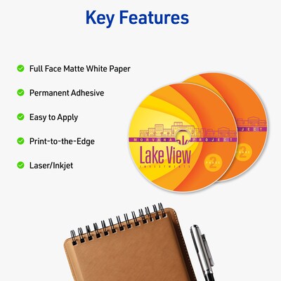 Avery Inkjet Full Face CD Labels, Matte White, 2 Labels/Sheet, 20 Sheets/Pack, 40 Labels/Pack (8960)
