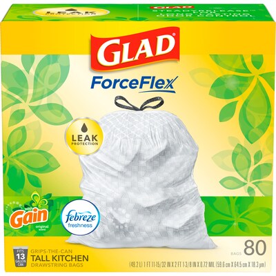 Glad ForceFlex Tall Kitchen Drawstring Trash Bags, 13 Gal., Gain Original Scent, White, 80/Box (3248