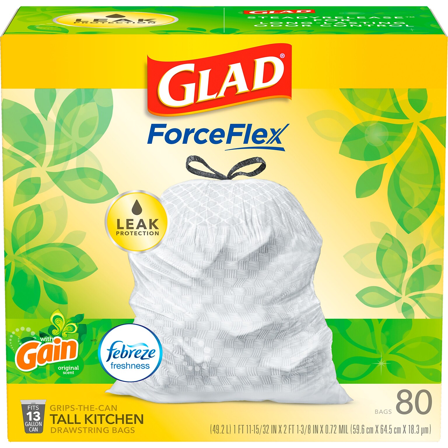 Glad ForceFlex Tall Kitchen Drawstring Trash Bags, 13 Gal., Gain Original Scent, White, 80/Box (32483)
