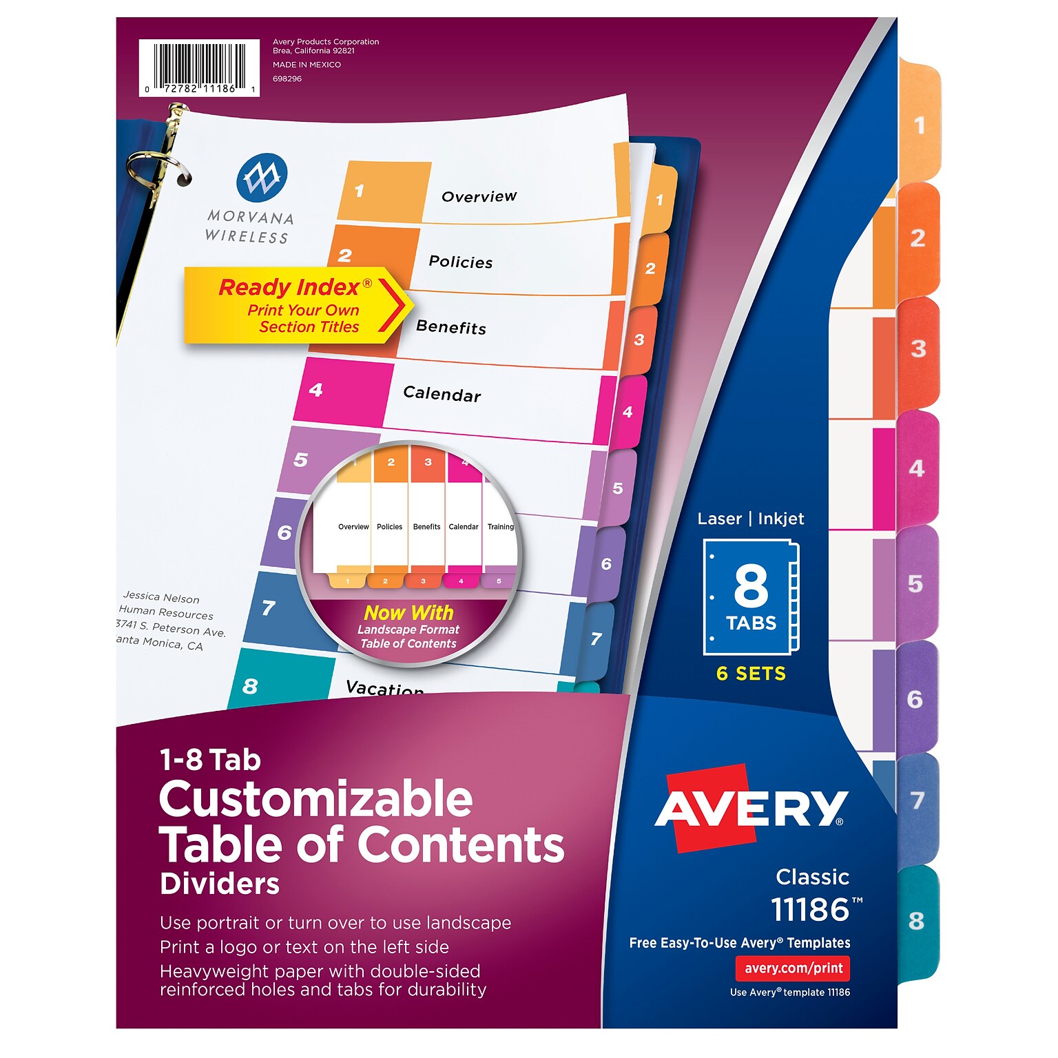 Avery Ready Index Table of Contents Pre-Printed Numeric Paper Divider, 8 Tabs, Multicolor, 6 Sets (11186)