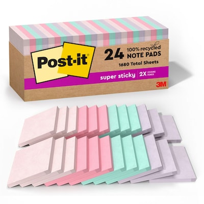 Post-it Recycled Super Sticky Notes, 3 x 3, Wanderlust Pastels Collection, 70 Sheets/Pad, 24 Pads/